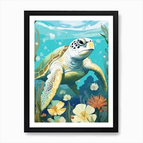 Modern Illustration Of Sea Turtle & Flowers 1 Art Print