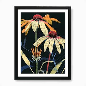 Neon Flowers On Black Coneflower 2 Art Print