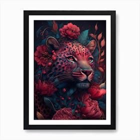 Leopard With Flowers Art Print