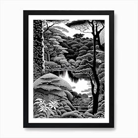 Portland Japanese Garden, Usa Linocut Black And White Vintage Art Print