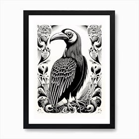 B&W Bird Linocut Vulture 2 Art Print