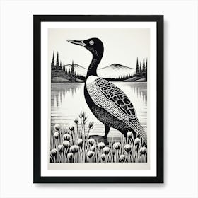 B&W Bird Linocut Loon 1 Art Print