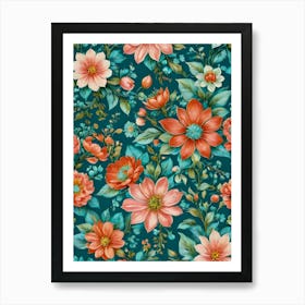 Painted Spring and Summer Flowers Boho Pattern - Green Background Orange Bohemian Blooms Vivid and Vibrant Wallpaper Art Like Amy Butler and William Morris Fabric Print For Lunar Pagan Gallery Feature Wall Floral Botanical Luna Lover HD Art Print