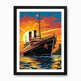Titanic Ship At Sunset Sea Pop Art 1 Art Print