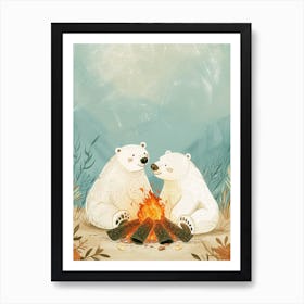 Polar Bear Two Bears Sitting Together By A Campfire Storybook Illustration 2 Art Print