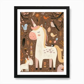 Unicorn In The Meadow With Abstract Woodland Animal Friends Muted Pastel 3 Art Print