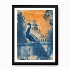 Orange & Blue Peacock With Palace In The Background 2 Art Print