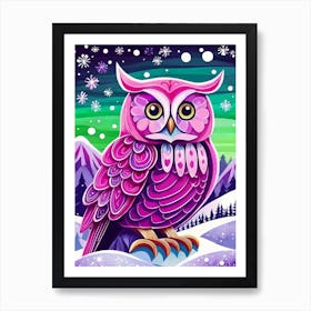Pink Owl Snowy Landscape Painting (152) Art Print