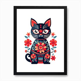 Vintage Black Floral Cat Kitsch Art Print