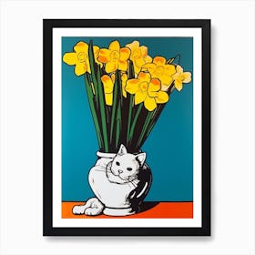 Daffodils With A Cat 4 Pop Art  Art Print