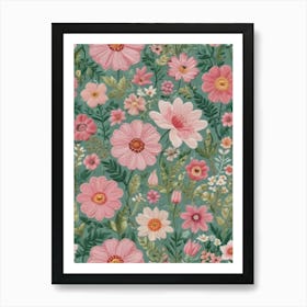 Pink Flowers On A Green Background Art Print