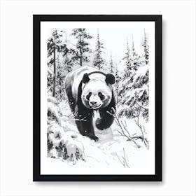 Giant Panda Walking Through A Snow Covered Forest Ink Illustration 4 Art Print