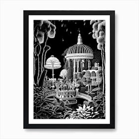 Tivoli Gardens, Italy Linocut Black And White Vintage Art Print