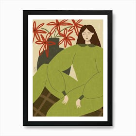 Abstract woman with flowers art print, Neutral green olive retro poster, Mid century modern Art Print