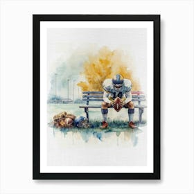 Football Player Sitting On Bench Retro Watercolor Art Print