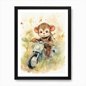 Monkey Painting Biking Watercolour 3 Art Print