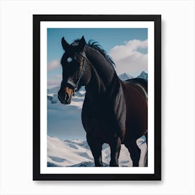 Black Horse in Snow Art Print