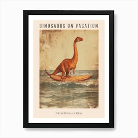 Vintage Brachiosaurus Dinosaur On A Surf Board 1 Poster Art Print