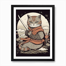 Cute Samurai Cat In The Style Of William Morris 6 Art Print