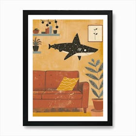 Shark Swimming In The Living Room Mustard Illustration Art Print