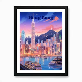 Hong Kong At Night Travel Art Illustration Art Print