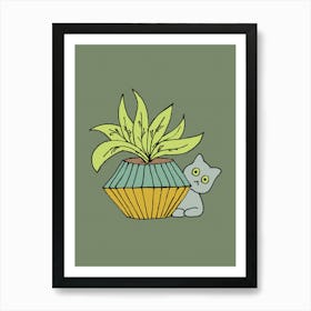 Grey Cat And A Planter Pot Art Print