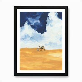 Camel in desert and blue sky watercolor Art Print