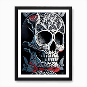 Skull With Tattoo Style Artwork Primary Colours Linocut Art Print