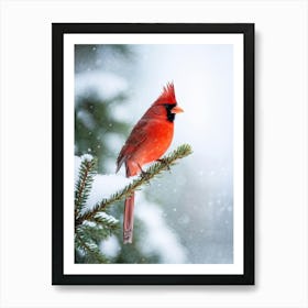 Cardinal Perched On A Frosted Pine Branch Vibrant Red Feathers Contrasting With Soft White Snow Ge Art Print