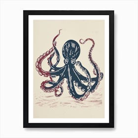 Sepia Navy Linocut Inspired Octopus Art Print