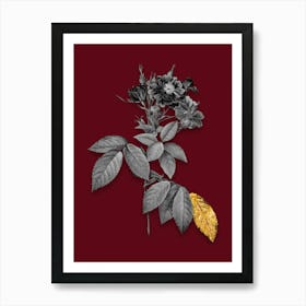 Vintage Boursault Rose Black and White Gold Leaf Floral Art on Burgundy Red n.0921 Art Print