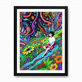 Psychedelic Girl In A Garden Art Print