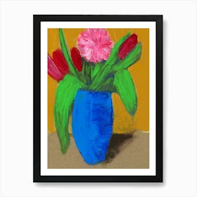 Floral In Blue Vase - flowers orange blue green hand painted vertical Art Print