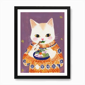 Cute White Tan Cat Eating Salad Folk Illustration 1 Art Print