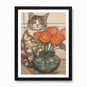 Drawing Of A Still Life Of Rose With A Cat 4 Art Print