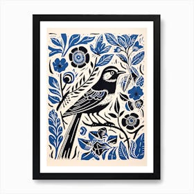 Vintage Bird Linocut Blue Jay 2 Art Print