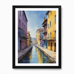 Colored Painting Of A Cityscape,Indigo And Yellow,Purple (6) Art Print