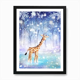 Cheerful Giraffe Frolicking In A Whimsical Winter Wonderland Snowflakes Gently Tumbling Down Twink Art Print