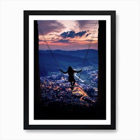 Silhouette Of A Woman On A Swing Art Print