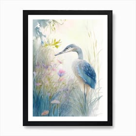 Blue Heron In Garden Gouache 1 Art Print