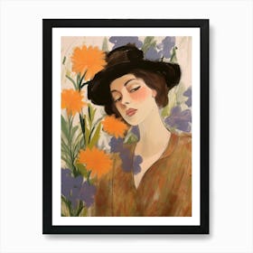 Woman With Autumnal Flowers Delphinium Art Print