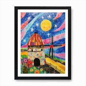 Cat Peaking Out Of The Corner With A Medieval Windmill Colourful  Art Print