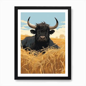 Black Highland Bull Sitting In Straw Art Print