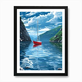 Red Sailboat In The Sea Art Print