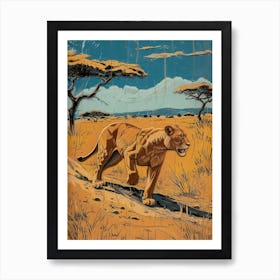 African Lion Relief Illustration Hunting 3 Art Print