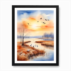 Watercolor Of A Lake With Birds Art Print