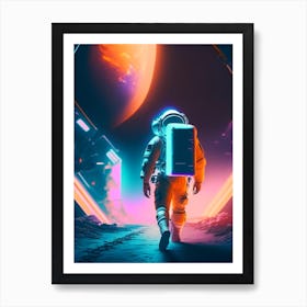 Astronaut Walking Next To Space Station Neon Nights Art Print