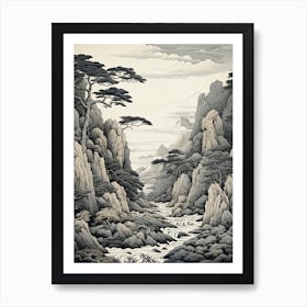 Tojinbo Cliffs In Fukui, Ukiyo E Black And White Line Art Drawing 2 Art Print