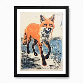 Red Fox, Woodblock Animal Drawing 1 Art Print