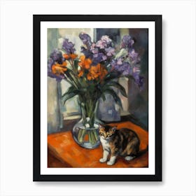 Flower Vase Crocus With A Cat 1 Impressionism, Cezanne Style Art Print